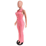 Fashion High Elastic Backless Lapel Pocket Workwear Denim Jumpsuit