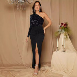 Solid One Shoulder Long Sleeve Bodycon Sequined Slit Dress