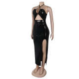 Sexy Halter Backless Slit Sequin Long Dress
