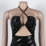 Sexy Halter Backless Slit Sequin Long Dress