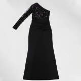 Solid One Shoulder Long Sleeve Bodycon Sequined Slit Dress