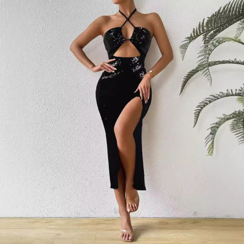 Sexy Halter Backless Slit Sequin Long Dress