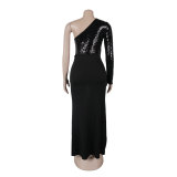 Solid One Shoulder Long Sleeve Bodycon Sequined Slit Dress