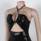 Sexy Halter Backless Slit Sequin Long Dress