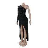 Solid One Shoulder Long Sleeve Bodycon Sequined Slit Dress