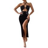 Sexy Halter Backless Slit Sequin Long Dress