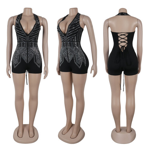 Embellished Halter Lace Up Backless Rompers