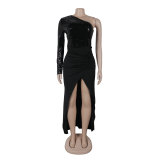 Solid One Shoulder Long Sleeve Bodycon Sequined Slit Dress