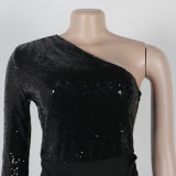 Solid One Shoulder Long Sleeve Bodycon Sequined Slit Dress