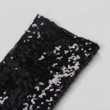 Solid One Shoulder Long Sleeve Bodycon Sequined Slit Dress