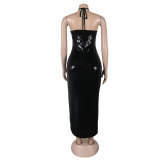 Sexy Halter Backless Slit Sequin Long Dress