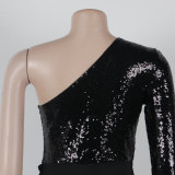 Solid One Shoulder Long Sleeve Bodycon Sequined Slit Dress