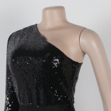 Solid One Shoulder Long Sleeve Bodycon Sequined Slit Dress