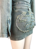 Vintage Stretch Denim Patch Embroidered Jacket Skirts Set
