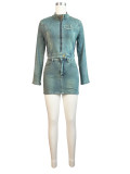 Vintage Stretch Denim Patch Embroidered Jacket Skirts Set
