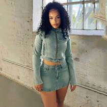 Vintage Stretch Denim Patch Embroidered Jacket Skirts Set