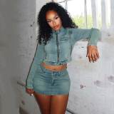 Vintage Stretch Denim Patch Embroidered Jacket Skirts Set