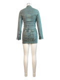 Vintage Stretch Denim Patch Embroidered Jacket Skirts Set
