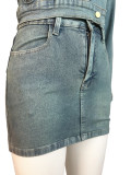 Vintage Stretch Denim Patch Embroidered Jacket Skirts Set