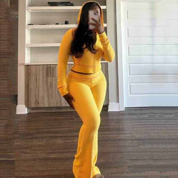 Solid Women Waffle Crop Top Tracksuit Hoodie Sweatpants Sets