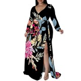 1 Piece Custom Casual Print Long Sleeve V Neck Plus Size Maxi Dresses