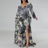 1 Piece Custom Casual Print Long Sleeve V Neck Plus Size Maxi Dresses