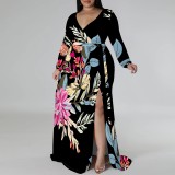 1 Piece Custom Casual Print Long Sleeve V Neck Plus Size Maxi Dresses