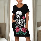 1 Piece Custom Halloween Print V Neck Midi Dresses