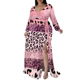 1 Piece Custom Casual Print Long Sleeve V Neck Plus Size Maxi Dresses