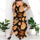 1 Piece Custom Casual Print Cold Shoulder Slit Irregular Plus Size Maxi Dresses