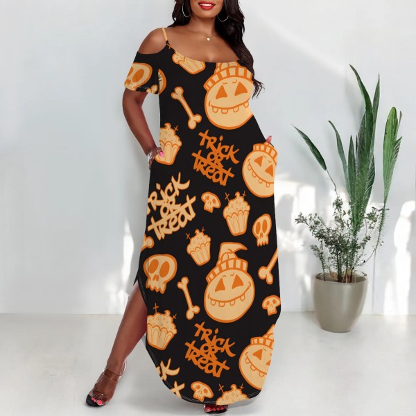 1 Piece Custom Casual Print Cold Shoulder Slit Irregular Plus Size Maxi Dresses