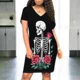 1 Piece Custom Halloween Print V Neck Midi Dresses