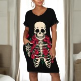 1 Piece Custom Halloween Print V Neck Midi Dresses