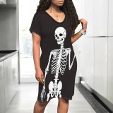 1 Piece Custom Halloween Print V Neck Midi Dresses