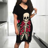 1 Piece Custom Halloween Print V Neck Midi Dresses