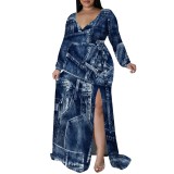 1 Piece Custom Casual Print Long Sleeve V Neck Plus Size Maxi Dresses