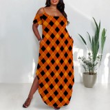 1 Piece Custom Casual Print Cold Shoulder Slit Irregular Plus Size Maxi Dresses