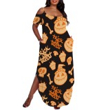 1 Piece Custom Casual Print Cold Shoulder Slit Irregular Plus Size Maxi Dresses