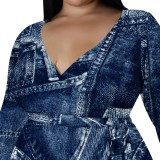 1 Piece Custom Casual Print Long Sleeve V Neck Plus Size Maxi Dresses