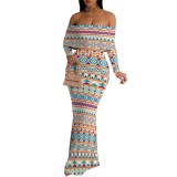 1 Piece Custom Casual Print Off Shoulder Long Dresses