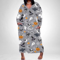 1 Piece Custom Halloween Print Long Sleeve Plus Size Maxi Dresses