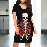1 Piece Custom Halloween Print V Neck Midi Dresses