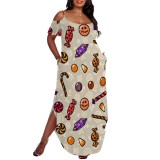 1 Piece Custom Casual Print Cold Shoulder Slit Irregular Plus Size Maxi Dresses