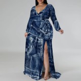 1 Piece Custom Casual Print Long Sleeve V Neck Plus Size Maxi Dresses