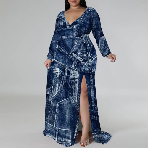 1 Piece Custom Casual Print Long Sleeve V Neck Plus Size Maxi Dresses