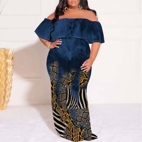 1 Piece Custom Plus Size Casual Print Off Shoulder Maxi Dresses