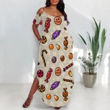 1 Piece Custom Casual Print Cold Shoulder Slit Irregular Plus Size Maxi Dresses