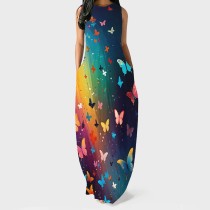 1 Piece Custom Casual Butterfly Print Basic O Neck Long Dresses