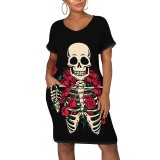 1 Piece Custom Halloween Print V Neck Midi Dresses