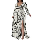 1 Piece Custom Casual Print Long Sleeve V Neck Plus Size Maxi Dresses